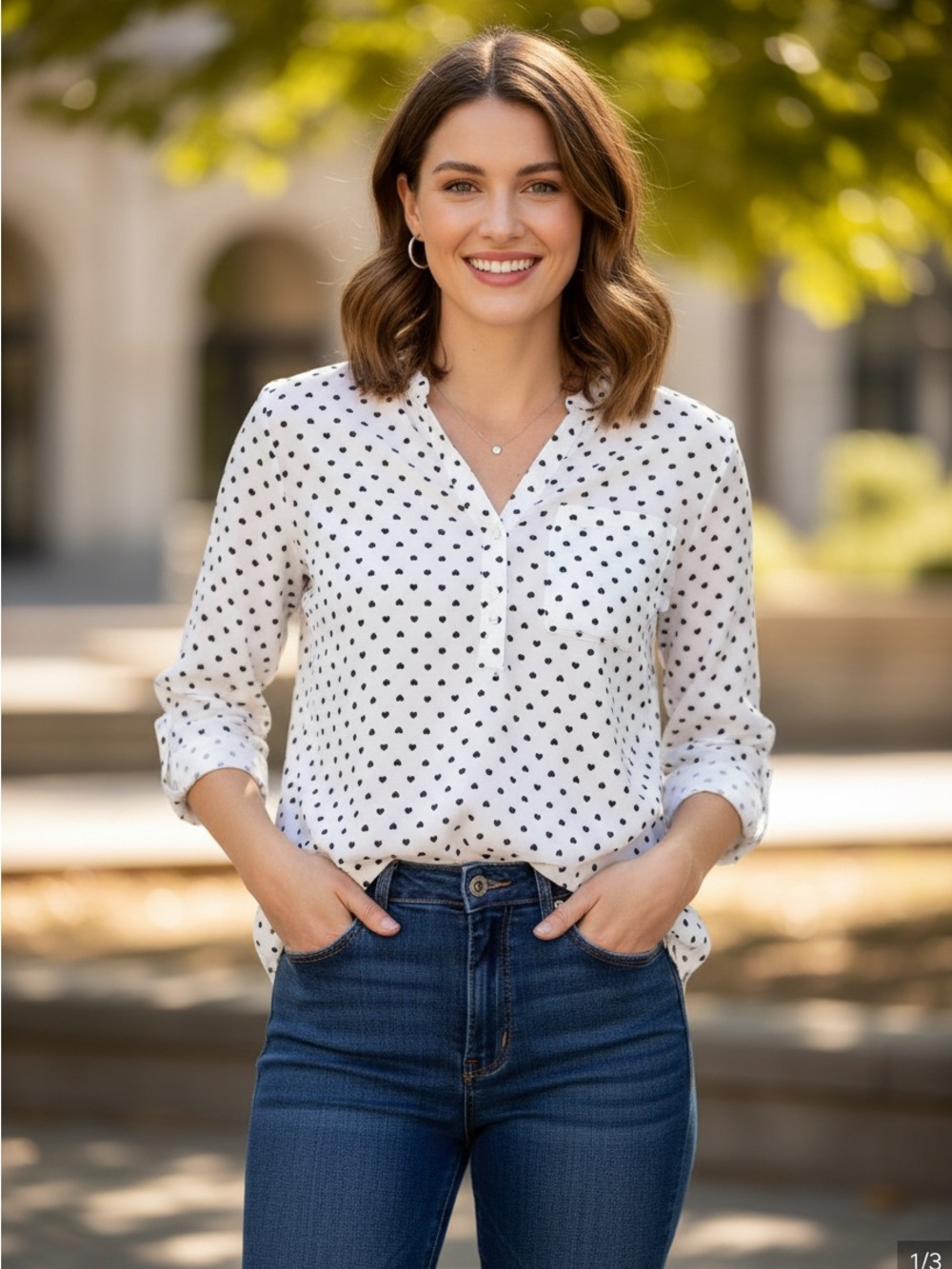 Women’s White Polka Dot Button-Front Blouse